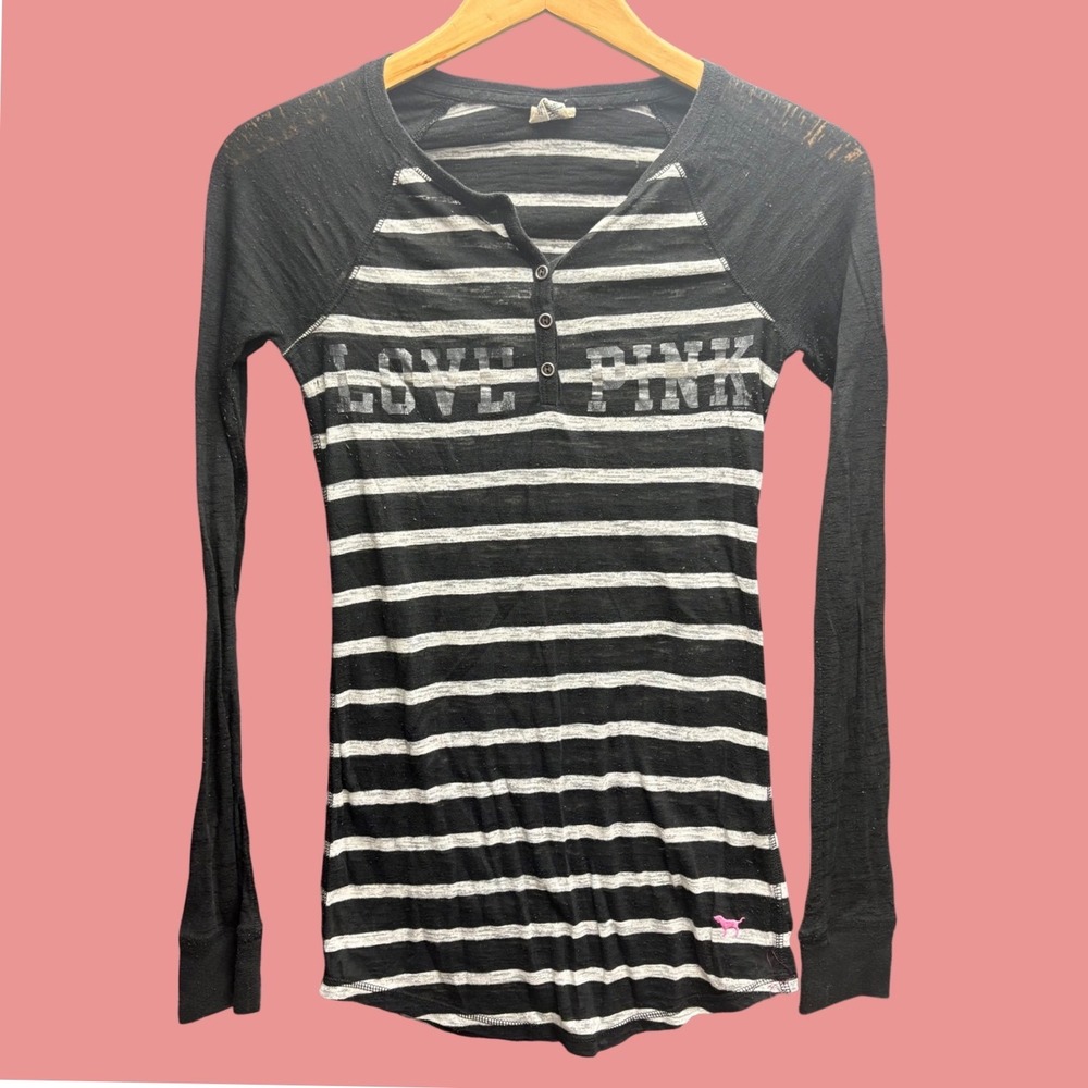 Victoria's Secret PINK Striped Henley Raglan Long Sleeve Shirt Black White XS